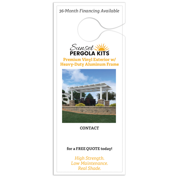 Back side of a ready-to-stamp door hanger that Area Reps can use to advertise Sunset Pergola Kits