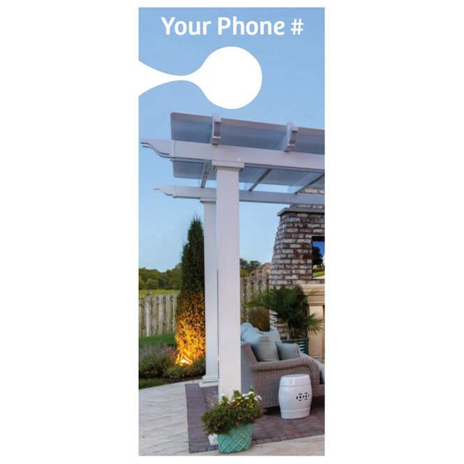 Front side of a personalized door hanger featuring a white traditional pergola with overhangs that Area Reps can use to advertise Sunset Pergola Kits
