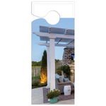 Front side of a ready-to-stamp door hanger featuring a white traditional pergola with overhangs that Area Reps can use to advertise Sunset Pergola Kits