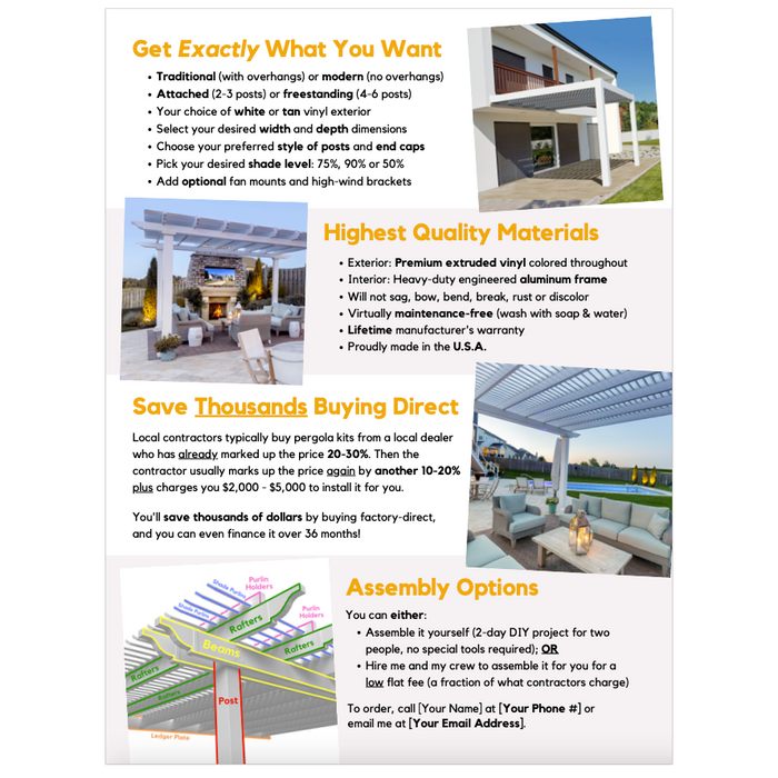 Back side of a double-sided full-page flyer for Area Reps that highlights the key selling points of Sunset Pergola Kits