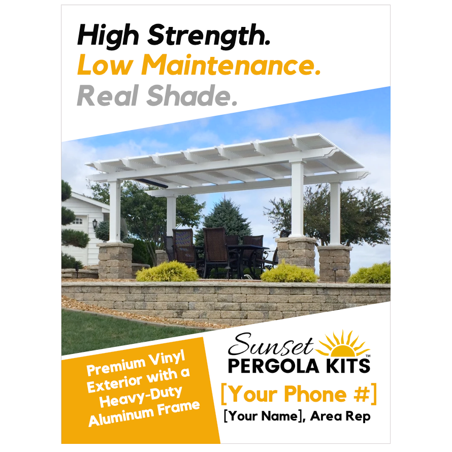Front side of a double-sided full-page flyer that Area Reps can use to advertise Sunset Pergola Kits