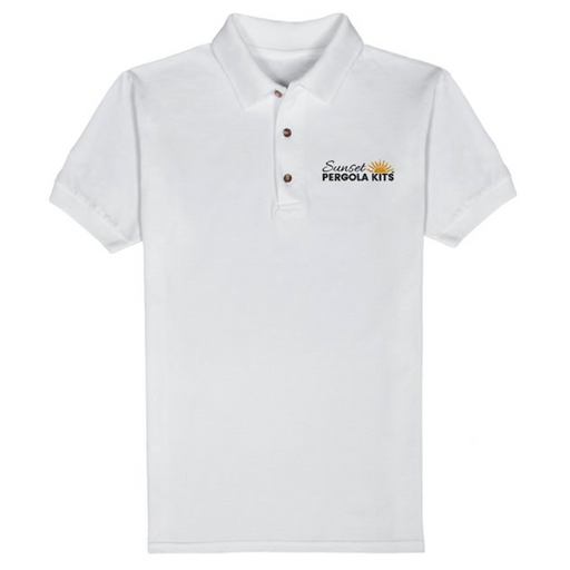 Picture of a white men's polo shirt with the Sunset Pergola Kits logo over the left breast