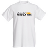Picture of a white men's T-shirt with the Sunset Pergola Kits logo over the chest