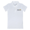 Picture of a white women's polo shirt with the Sunset Pergola Kits logo over the left breast