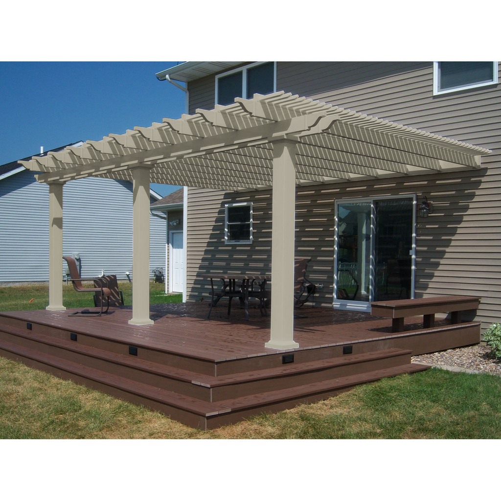 Traditional 2-post tan pergola with overhangs providing shade for a backyard patio with a table and 7 chairs